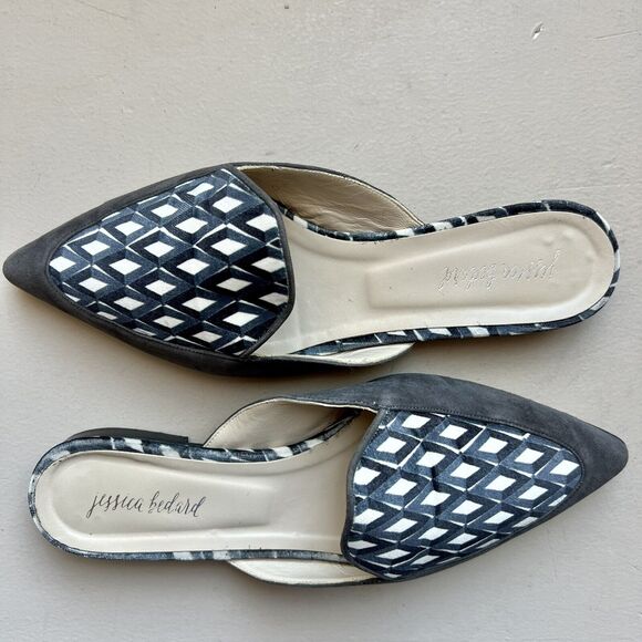 Jessica Bedard Justine Gray Kid Suede Geometric Velvet Top Flat Mules EU 36.5 - Picture 1 of 16